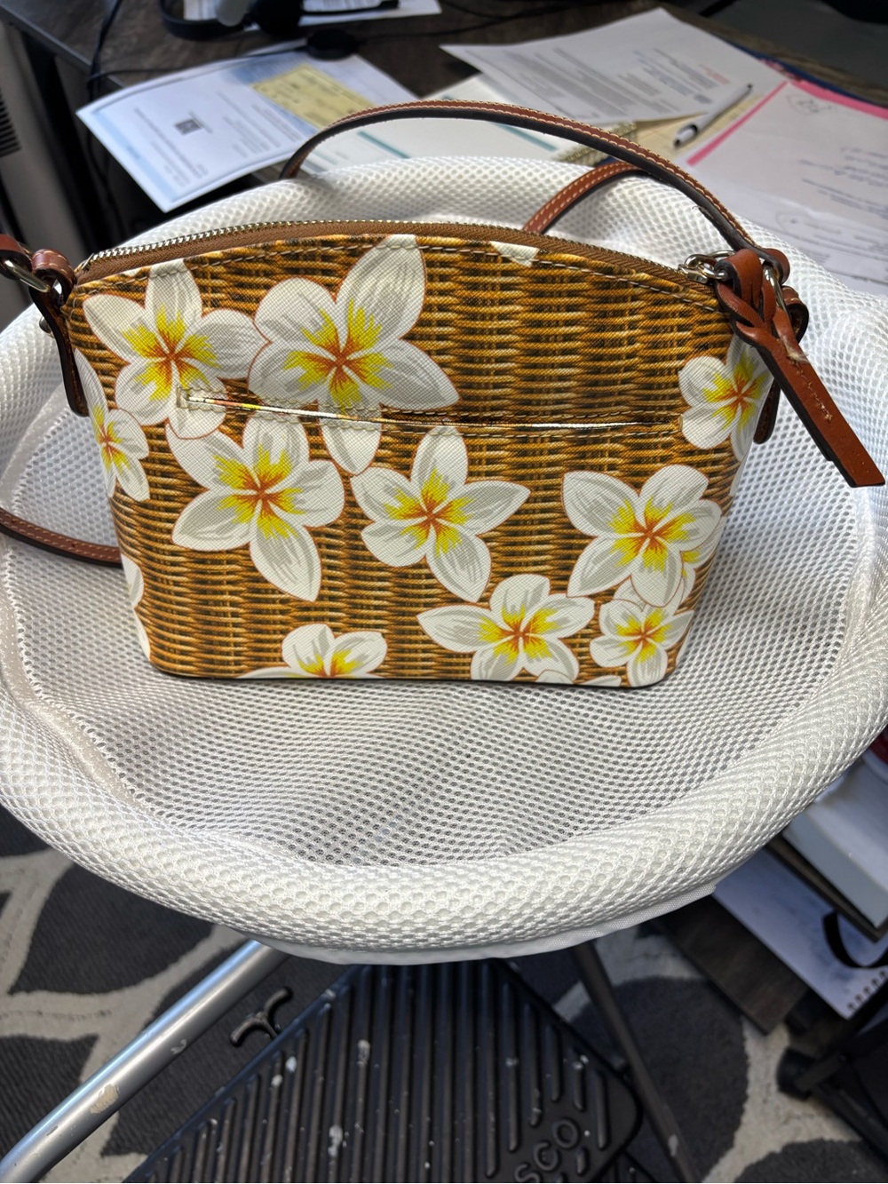 Dooney & Bourke Brown Wicker-Print Crossbody with White & Yellow Floral Print - Picture 2 of 3
